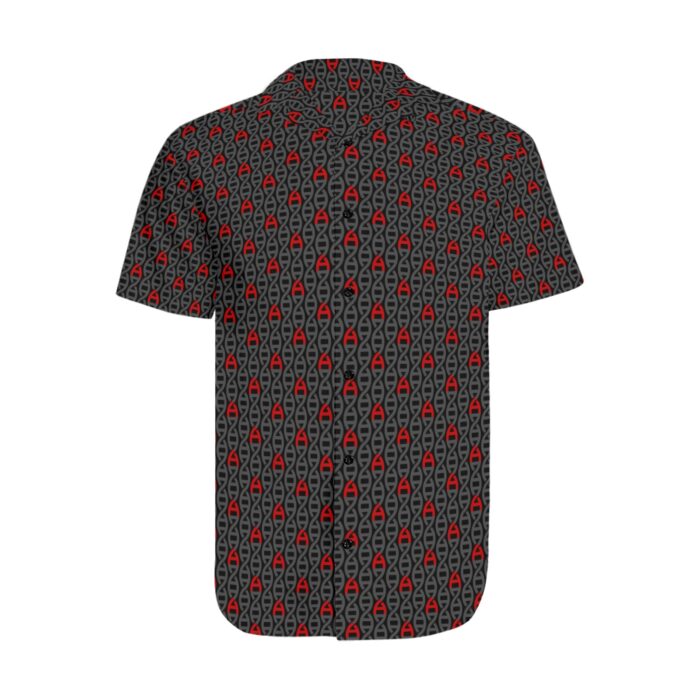 A black short sleeved collared men's shirt worn untucked. The shirt features a vertical pattern of grey DNA double helix. Every few connections on the strand are fashioned in a capital A. The A is red to represent Atheism.